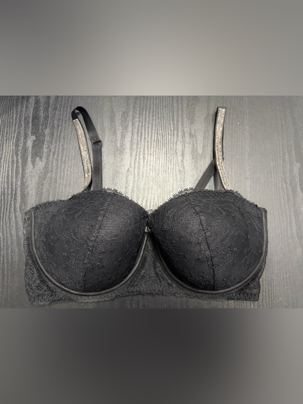 Victoria's Secret Black Lace Underwire Bra with Rhinestone Straps